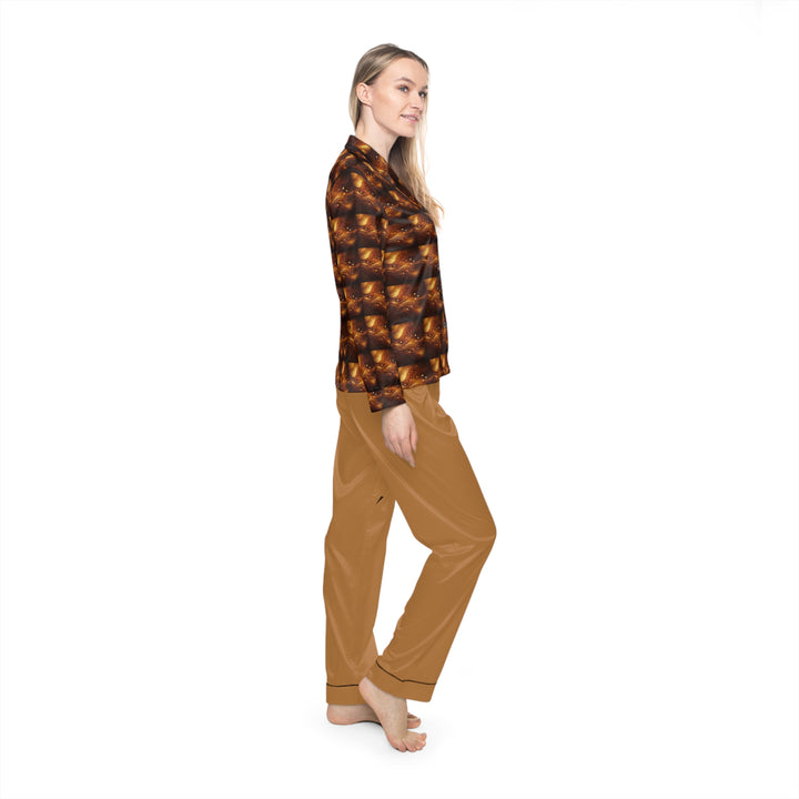 Women's Brown & Gold Satin Pajamas (AOP)