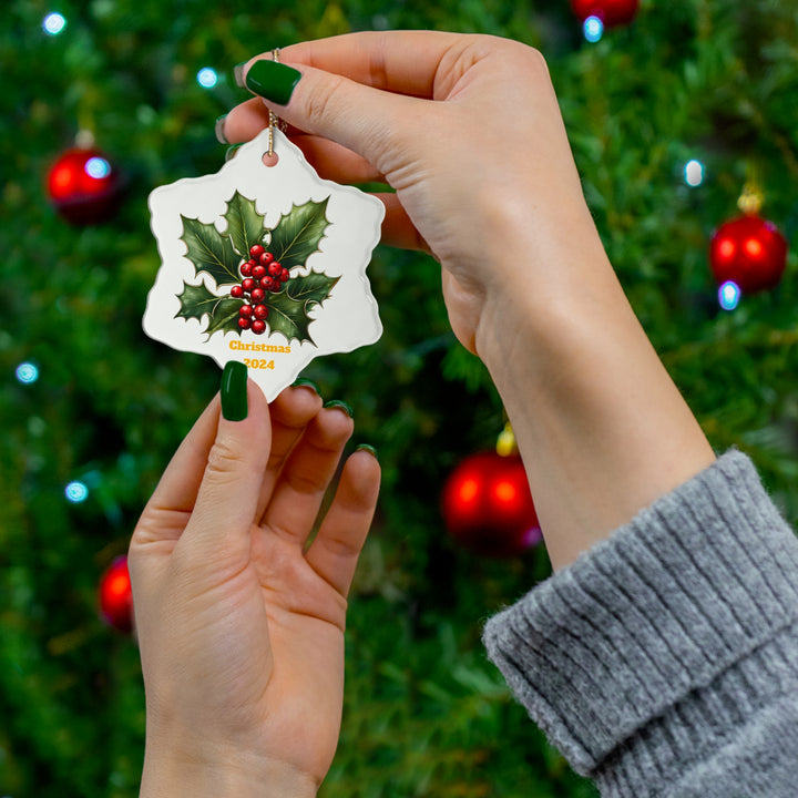 Holly Sprig Dreams Ceramic Snowflake shaped Ornament, Christmas, tree ornament,