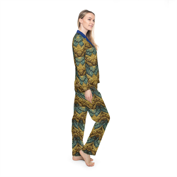 Women's Gold & Blue AOP Print Satin Pajamas