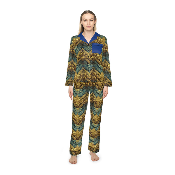 Women's Gold & Blue AOP Print Satin Pajamas