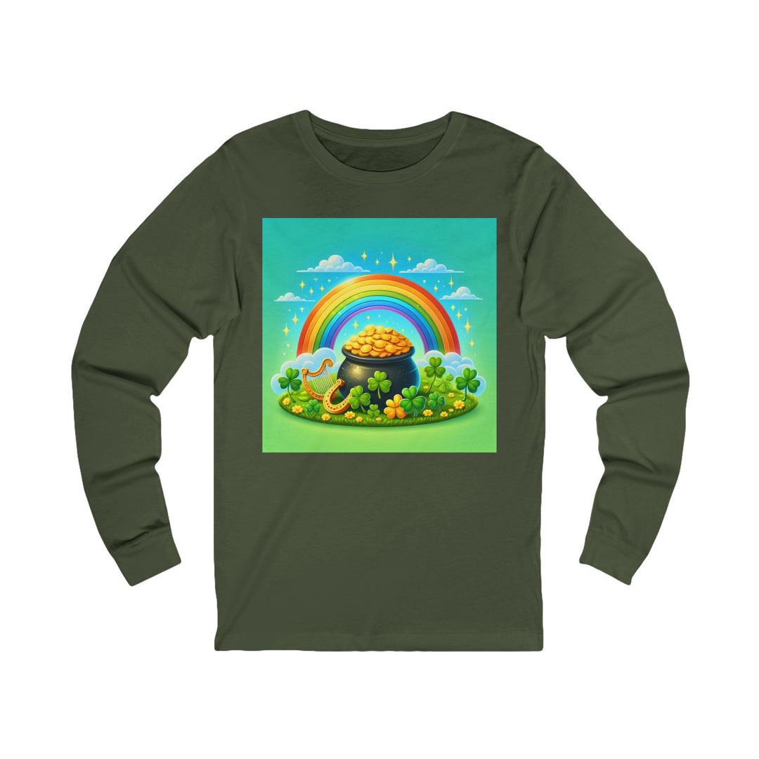 St. Patrick's Day Jersey Long Sleeve Green Tee - Lucky Clover & Rainbow Design