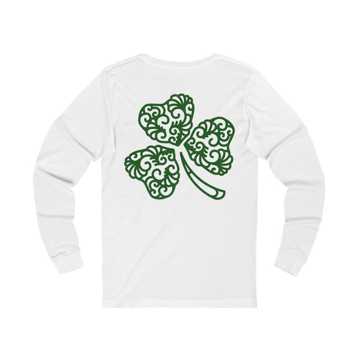 St. Patrick's Day Jersey Long Sleeve White Tee - Lucky Clover & Rainbow Design, two sided, Unisex