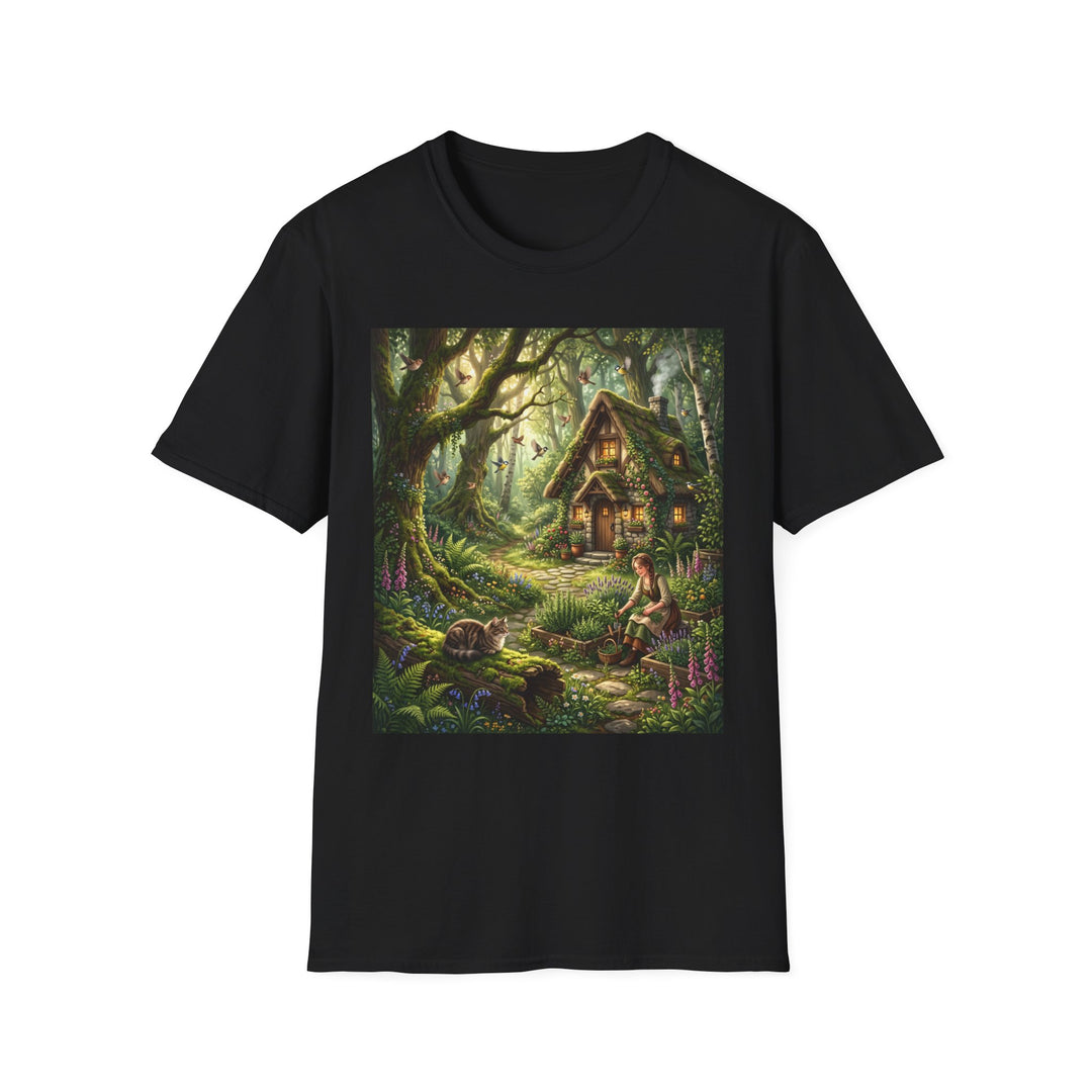 Enchanted Forest Cottage T-Shirt — Fairy Woodland Cabin Art Tee