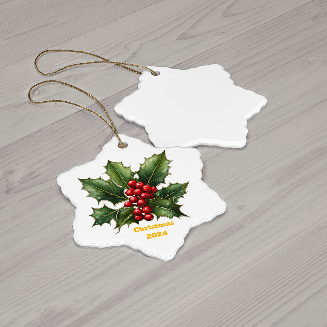 Holly Sprig Dreams Ceramic Snowflake shaped Ornament, Christmas, tree ornament,