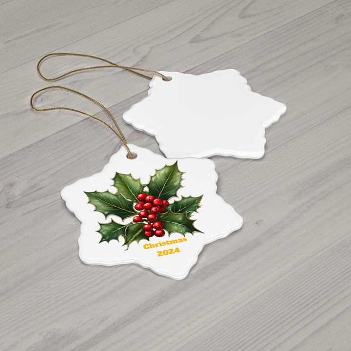 Holly Sprig Dreams Ceramic Snowflake shaped Ornament, Christmas, tree ornament,
