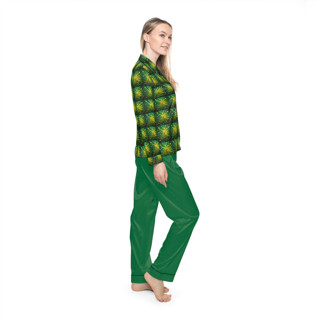 Women's Green & Yellow Satin Pajamas (AOP)