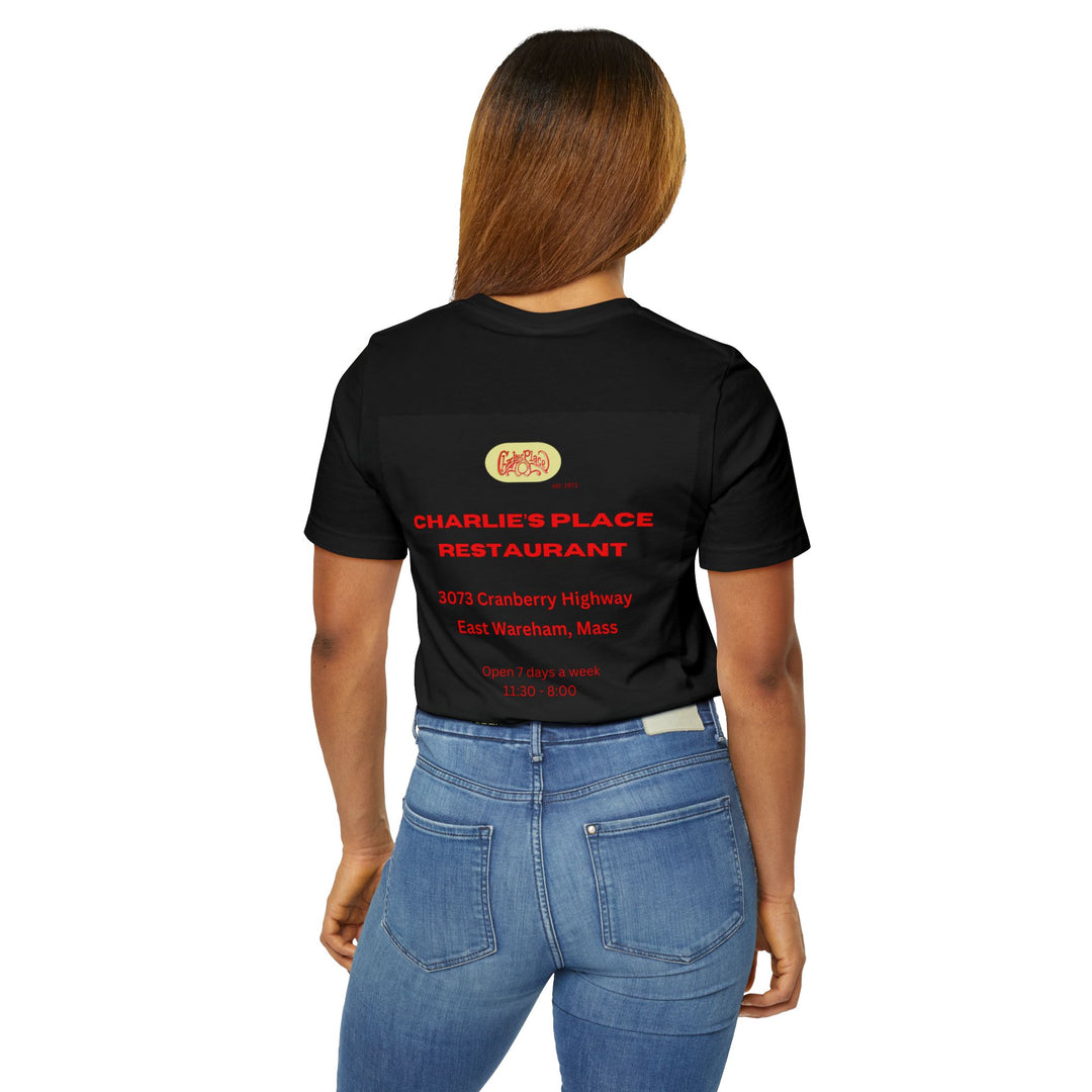 Charlie's Place Work T-Shirt, two sided (front & back image), crew neck, Available in 7 colors, 8 sizes