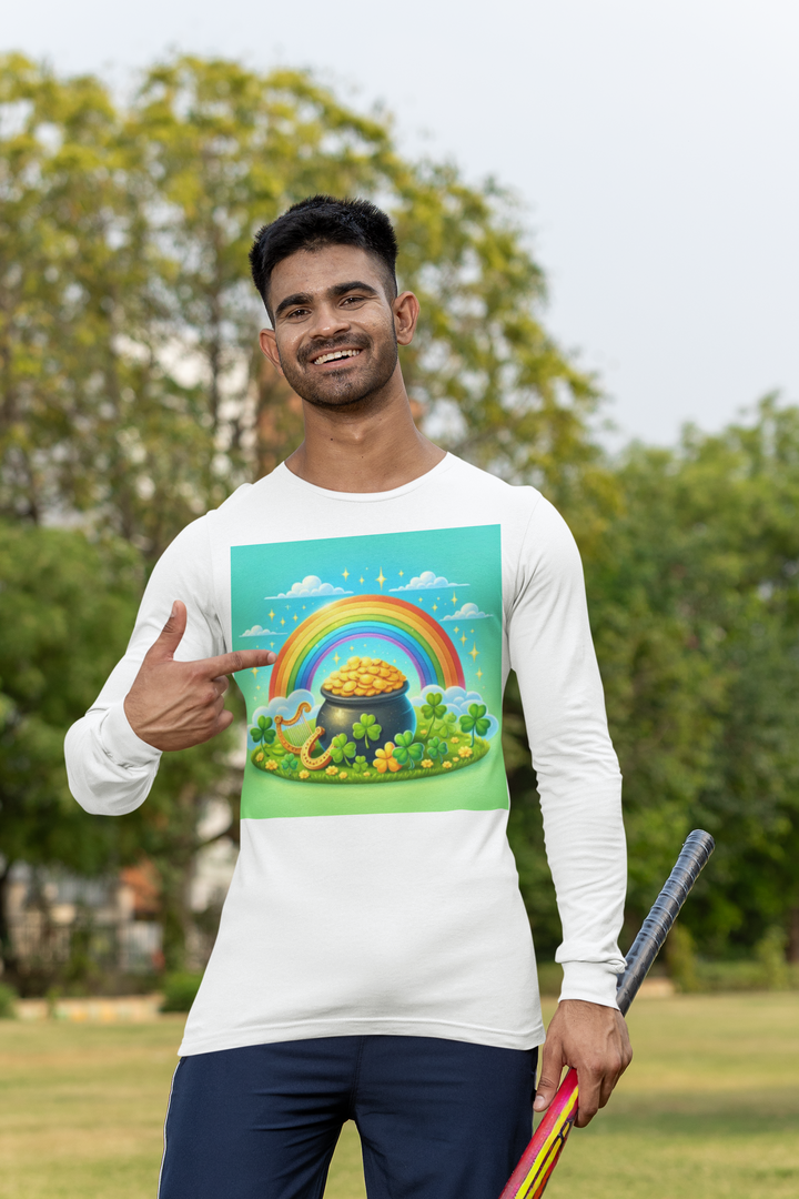 St. Patrick's Day Jersey Long Sleeve White Tee - Lucky Clover & Rainbow Design, two sided, Unisex