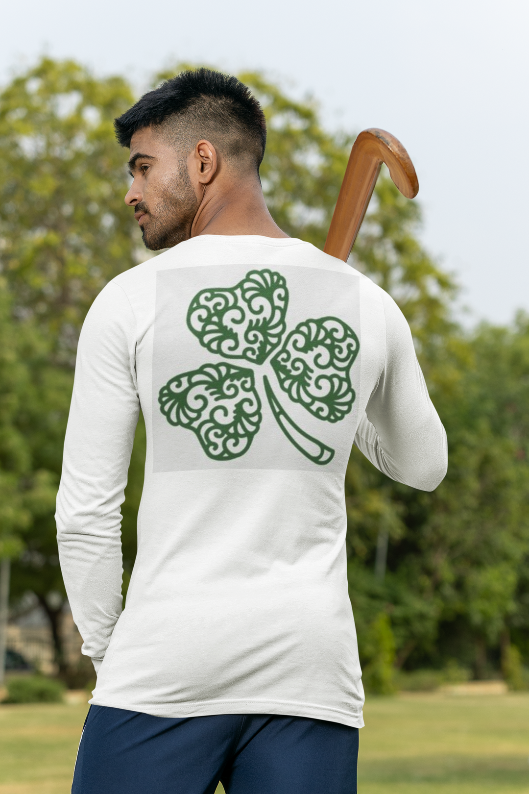 St. Patrick's Day Jersey Long Sleeve White Tee - Lucky Clover & Rainbow Design, two sided, Unisex