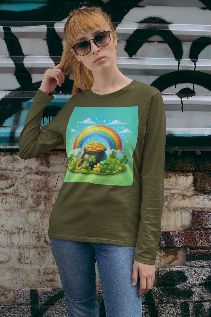 St. Patrick's Day Jersey Long Sleeve Green Tee - Lucky Clover & Rainbow Design
