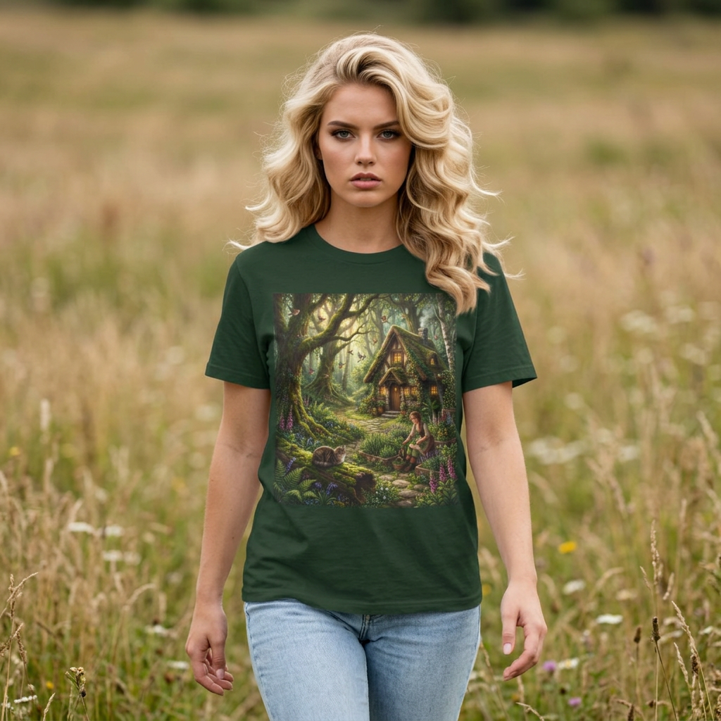 Enchanted Forest Cottage T-Shirt — Fairy Woodland Cabin Art Tee