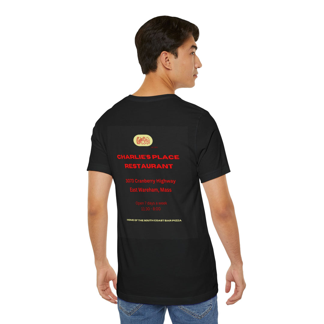 Charlie's Place Work T-Shirt, two sided (front & back image), crew neck, Available in 7 colors, 8 sizes