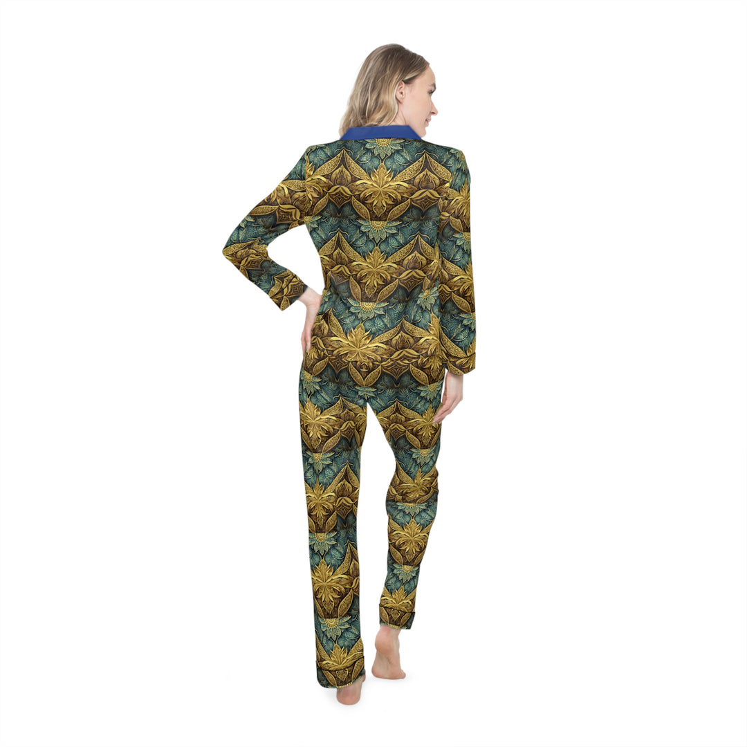 Women's Gold & Blue AOP Print Satin Pajamas