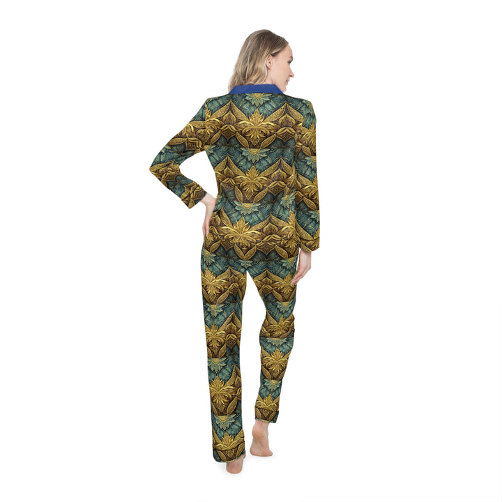 Women's Gold & Blue AOP Print Satin Pajamas