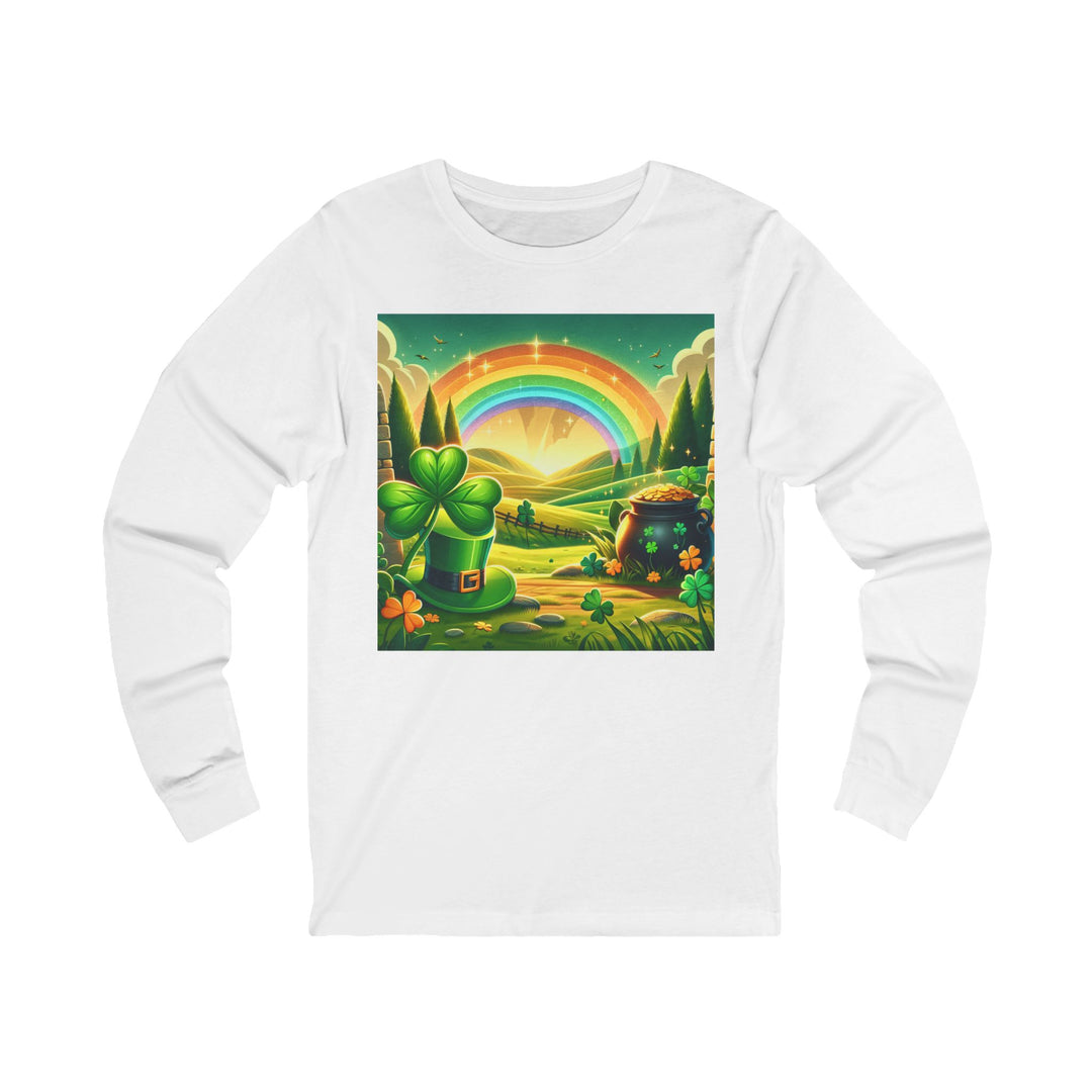 St. Patrick's Day Jersey Long Sleeve White Tee - Lucky Clover & Rainbow Design, two sided, Unisex