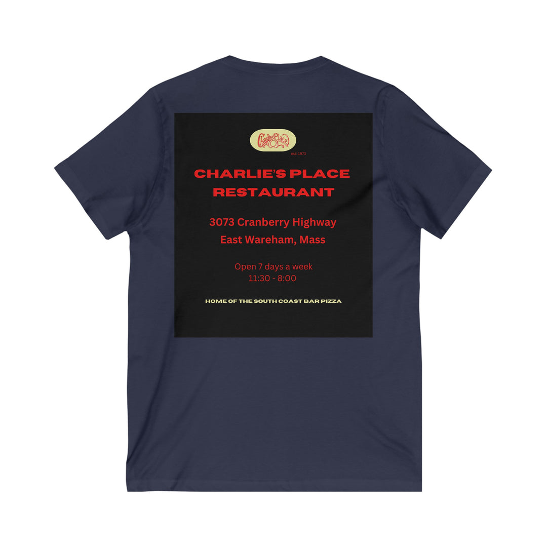 Charlie's Place Work T-shirt, V-Neck, single image (back only), 6 colors, 5 sizes