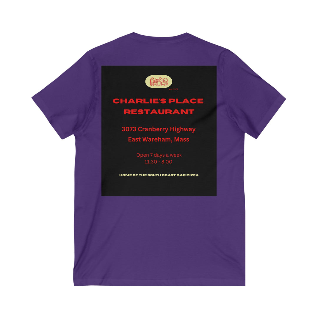Charlie's Place Work T-shirt, V-Neck, single image (back only), 6 colors, 5 sizes