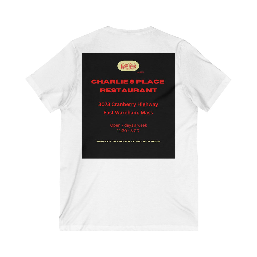 Charlie's Place Work T-shirt, V-Neck, single image (back only), 6 colors, 5 sizes