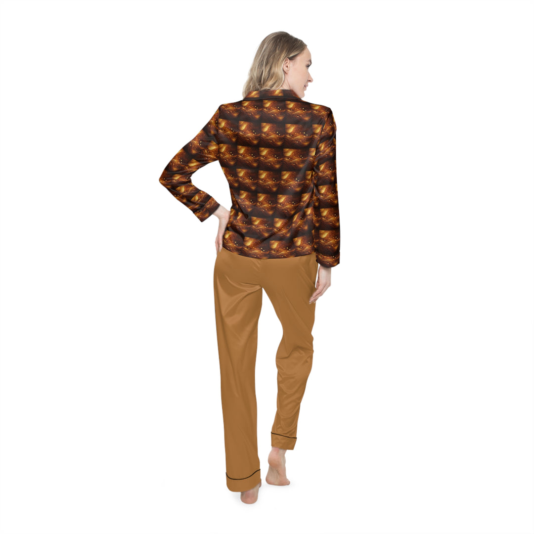 Women's Brown & Gold Satin Pajamas (AOP)