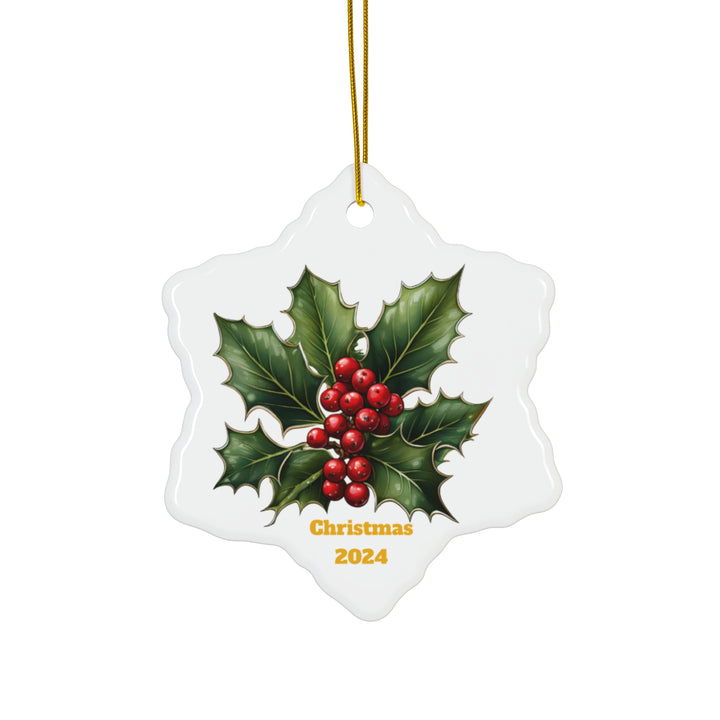Holly Sprig Dreams Ceramic Snowflake shaped Ornament, Christmas, tree ornament,