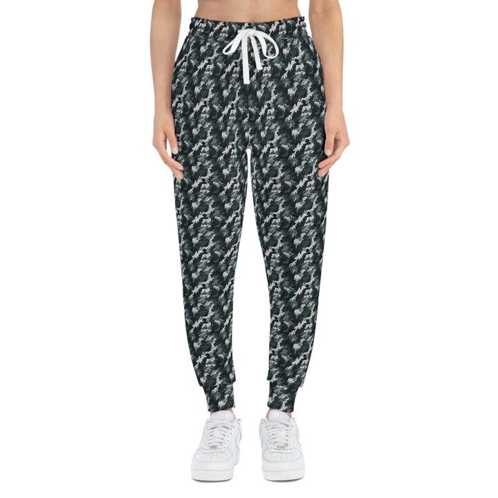 White-Green Camo Unisex Athletic Joggers. 1 color, 6 sizes