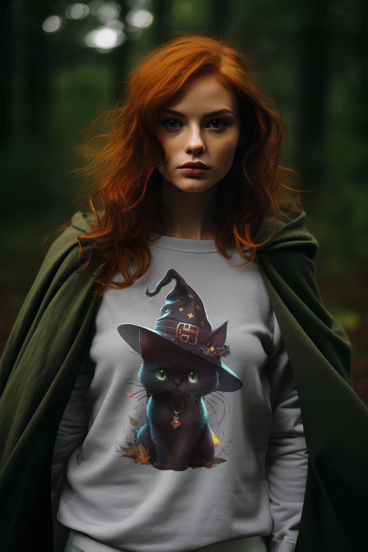 Halloween Black Cat Sweatshirt, Crewneck, unique, heavy weight, available in 4 colors and 6 sizes